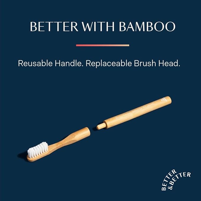 Better & Better Natural Bamboo Toothbrush | Soft Bristles | 100% Plant-Based | Reusable Handle and Replaceable Brush Head | Eco-Friendly, Zero Plastic | Adult Size, Blue