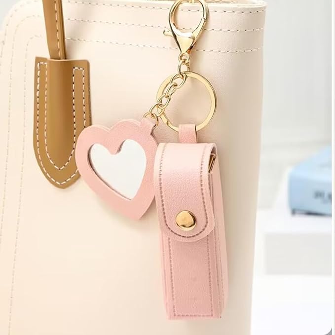 Arvintas 4 PACK PU Leather Potable Chapstick Holder Key Chain Bulk with Mirror, Lipstick Keychain, Lip Balm Organizer Holder Lipstick Travel Makeup Storage Case for Women Girls (Style 1)
