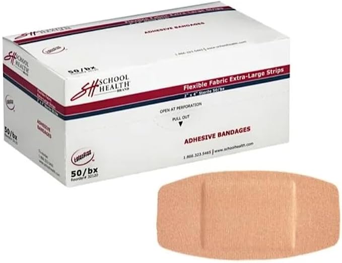 School Health - Adhesive Bandages, Comfortable Form-Fitting Protection & Wound Care for Cuts and Scrapes, Premium Adhesive Stays Secure with Movement, X-Large Flexible Fabric Bandages, 2" X 4" 50/Box