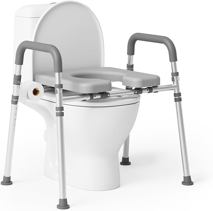 Raised Toilet Seat with Handles, Gray | Adjustable Height & Width, 400lbs Capacity, Padded, For Seniors, Disabled, Post-Surgery, Fits Most Toilets