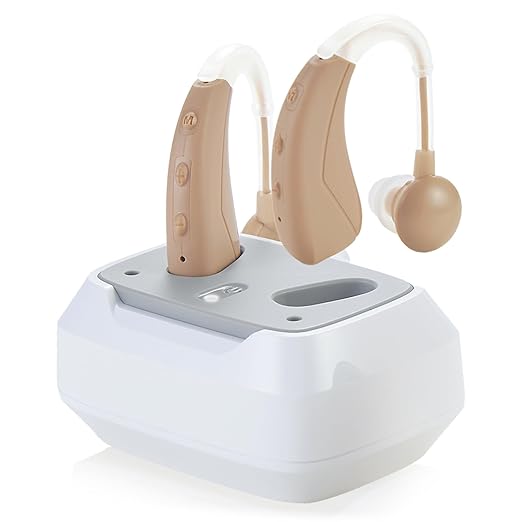 Hearing Aids For Seniors - Rechargeable Hearing Amplifier For Seniors Noise Reduction,4 Modes,Adjustable Volume, Comfort Design and Nearly Invisible,Behind The Ear,With Charging case（Dark Beige）