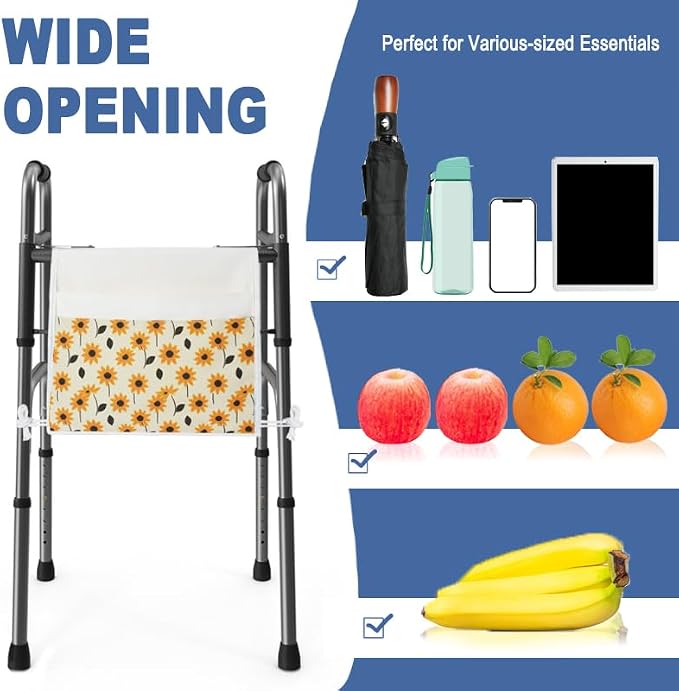 TOGETRUE Walker Bag, Easy Access Walker Storage Basket with 2 Large Pockets, Walker Accessories Bag for Folding Walker, Wheelchairs, Strollers, 13"x14.5" (Daisy)