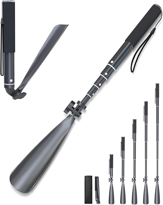shoe horn long handle,15"-39" Telescopic Shoe Horn, metal with Multiple Extensions folding shoe horn,Aluminum Alloy standing shoe horn for seniors men women,extandable shoe horn