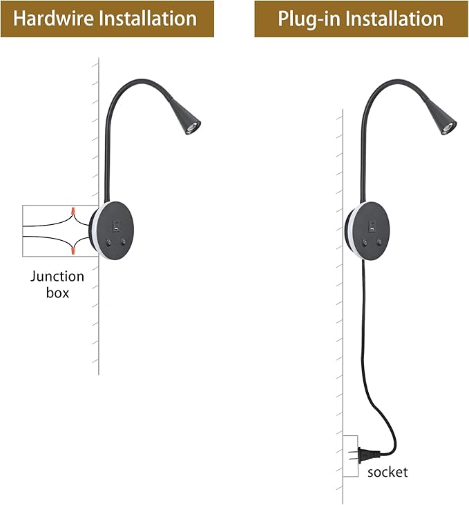 Book Lights for Reading at Night, LED Wall Mounted Reading Light, Flexible Gooseneck Wall Lamps for Bedroom, Plug in Wall Lights with USB Charging, Bedside Wall Sconces Focused Bed Lamp (Black)