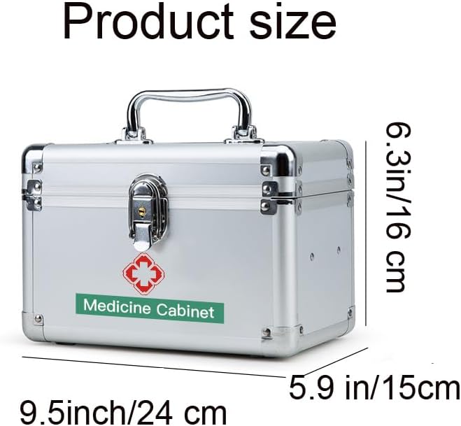 Medicine Lock Box, First Aid Safe Medication Storage Box, Layered Aluminum Daily Medicine Lockable Box with Key for Home, Dorm, Office 9.5 x 6 x 6.3 inches