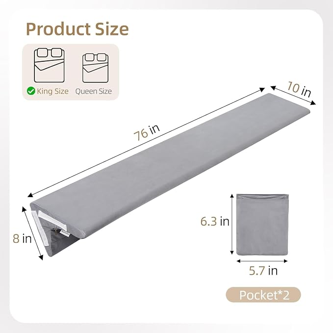 Vekkia 2-in-1 King Bed Wedge Pillow for Headboard Gap, Fills 0–6" Gaps, Rotates for Two Angles & Heights, Pressure Lock Design Keeps in Place, Dual Side Pockets, Removable Cover,Gray, 76"x10"x8"