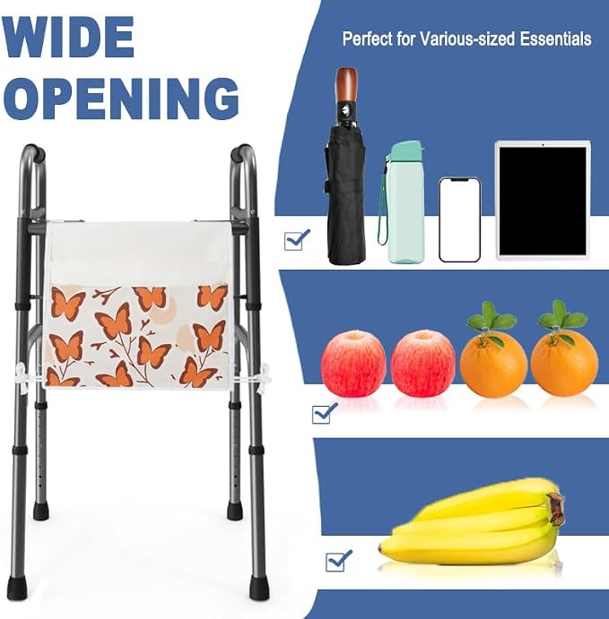 TOGETRUE Walker Bag, Easy Access Walker Storage Basket with 2 Large Pockets, Walker Accessories Bag for Folding Walker, Wheelchairs, Strollers, 13"x14.5" (Butterfly)