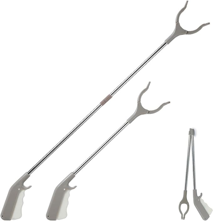 2 Pack Stainless Steel Grabber Reacher Tool, 32" Foldable & 16" Rigid Short Reacher, 360° Rotating Jaw Heavy Duty Trash Picker, Durable Pickup Tool for Seniors, Home & Garden (Gray)