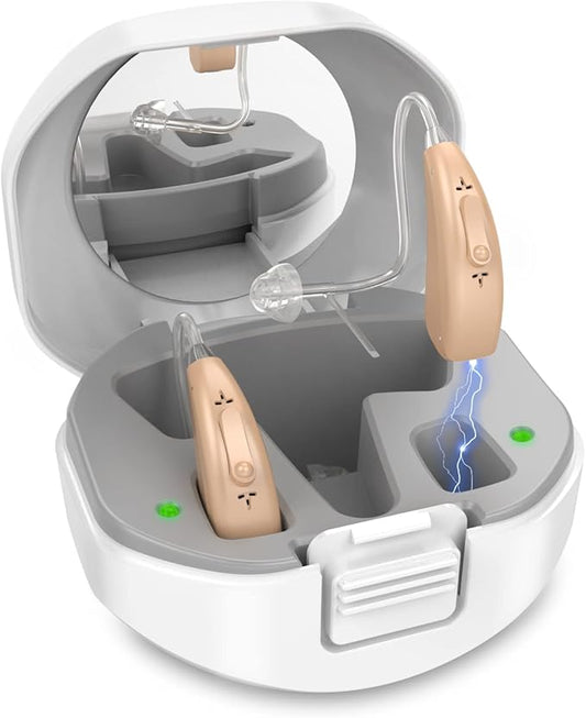 Rechargeable Hearing Aids for Seniors with Noise Reduction, BTE Hearing Aids for People with Mild Moderate Severe Hearing Loss, Dual Microphones, Comfortable Fit - Beige