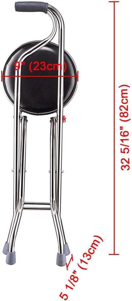 Folding Walking Stick with 9" Padded Seat Portable Stainless Steel Quadripod Support Cane Chair Stool with Anti-Slide Feet for Elderly Limited Mobility Physical Rehabilitation(Quadripod Cane Stool)