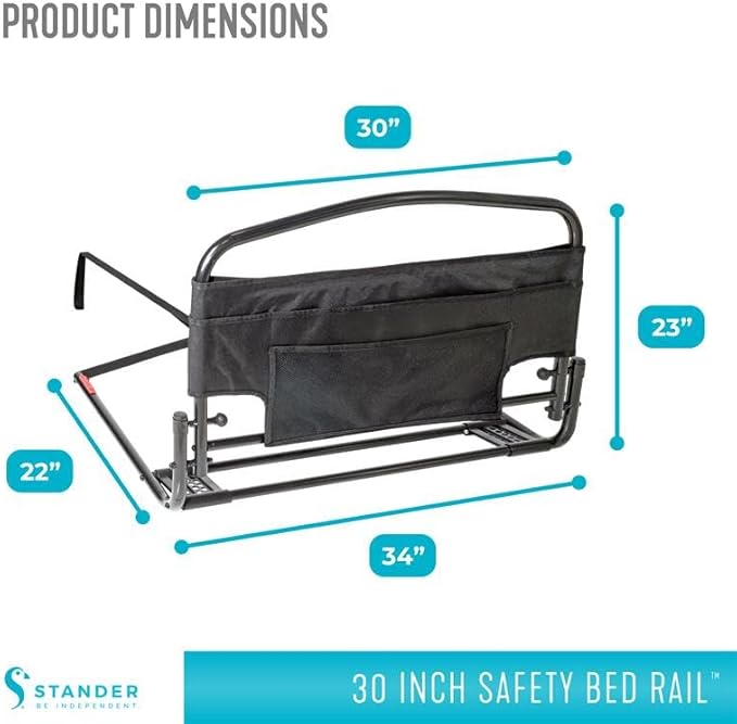Stander 30inch Safety Bed Rail with Padded Pouch, Folding Guardrail for Adults, Seniors, and Elderly, Bedside Stand Assist Bar, Fits King, Queen, Full, and Twin Beds, ASTM Safety Approved Bedrail