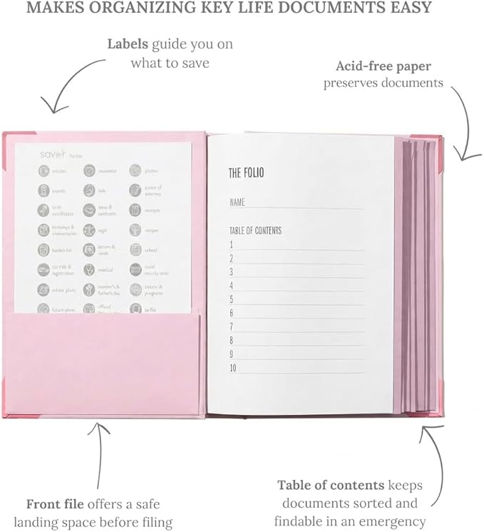 The Folio® Important Document Organizer by Savor | Binder with Guided Labels, Acid-Free File Folder Organizer with 10 Pockets, Document Holder for Home Records, Legal and Medical Papers (Pink)