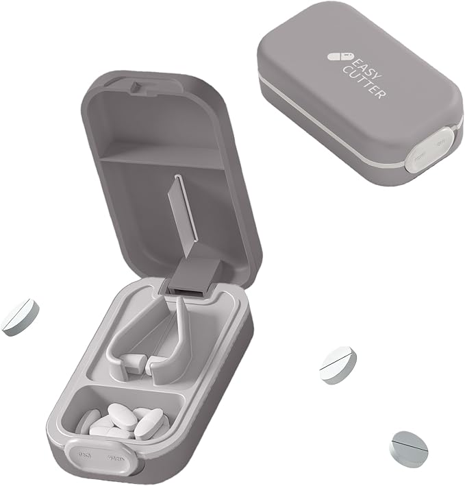 Pill Cutter Splitter for Small or Large Pills with Safety Lock - Accurate and Easy Travel-Friendly Design for Daily Use (Gray)