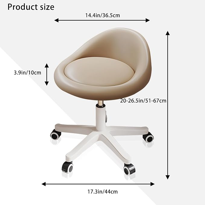 Rolling Stool – Ergonomic Swivel Seat, Adjustable Height, Ultra-Quiet Wheels, Padded PU Leather Cushion, for Salon, Office, Massage & Medical Use Khaki
