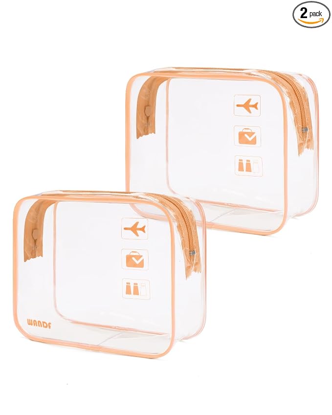 WANDF TSA Approved Toiletry Bag, 2 Pack Clear Makeup Bag | Quart Size, Airport Carry-On, TSA Liquids Travel Bag, Clear PVC, Women Men Travel Essentials