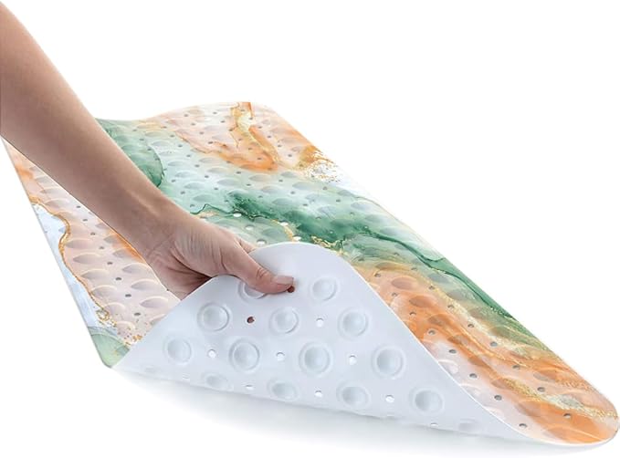 LNOND Marble Bath Tub Mat Non Slip, Extra Long 40 X 16 Inch Anti Slip Mat for Bathtub, Orange Green Marble Shower Mat with Drain Holes and Suction Cups, Machine Washable