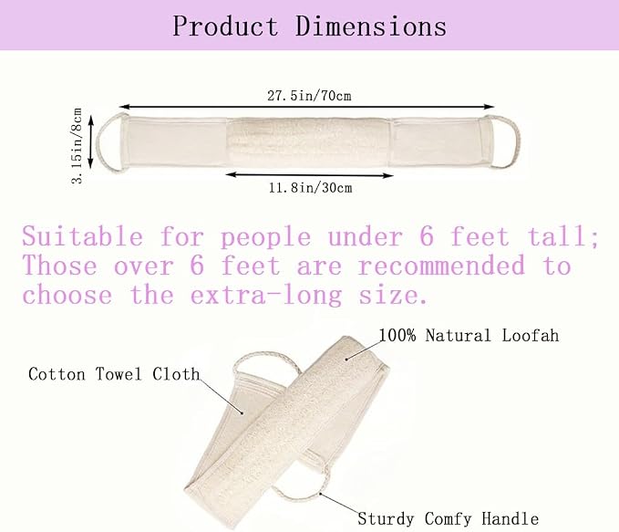 Natural Loofah Back Scrubber, 27.5" Length, 1 Pack | Dual Sided Exfoliating Washcloth with Cotton Handles, Back & Body Scrubber for Shower, Women & Men, Travel-Friendly Spa Gift