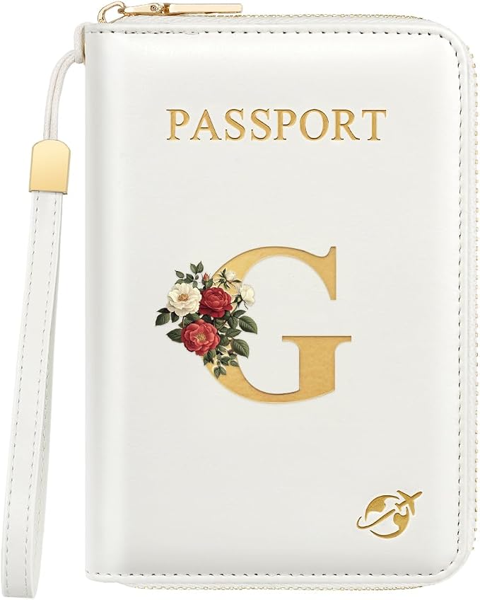 Passport Holder for Travel Personalized Wallet with Wristlet Women | All-in-One Passport Cover, RFID Blocking, Back Coin Pocket, Paper Money Slot, Zipper Closure, Roses Initial Letter, White G