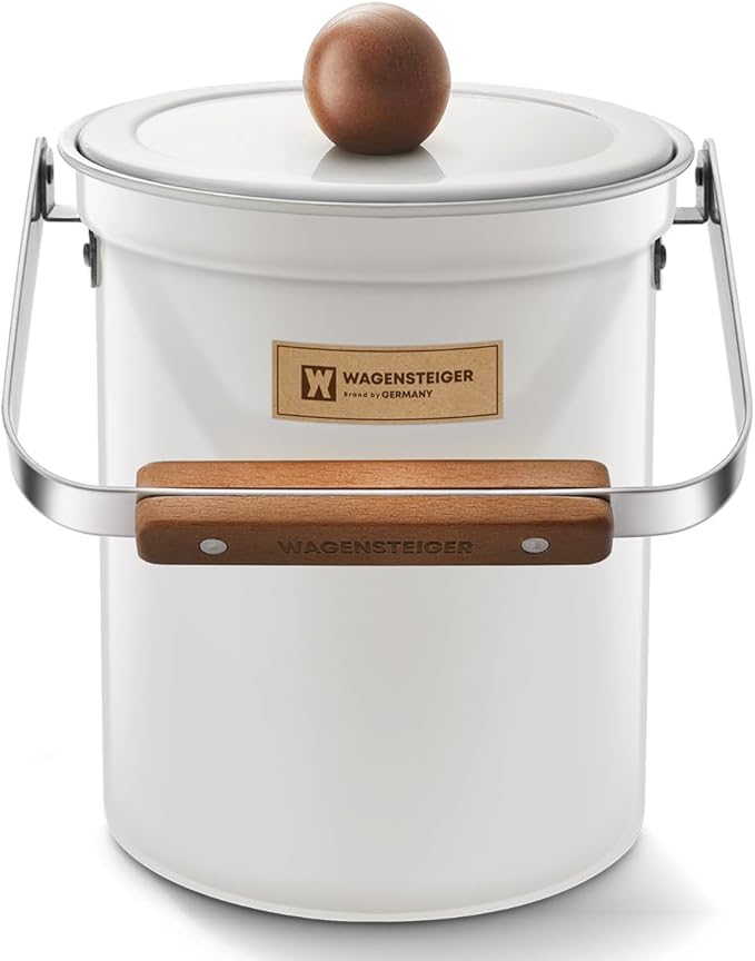 WAGENSTEIGER Kitchen Countertop Compost Bin 101ounces / 3Liters, Airtight Lid SUS304 Stainless Steel Odor-Free Food Waste Bin with Wooden Handle Stylish Design/Bathroom Trash Can (White)