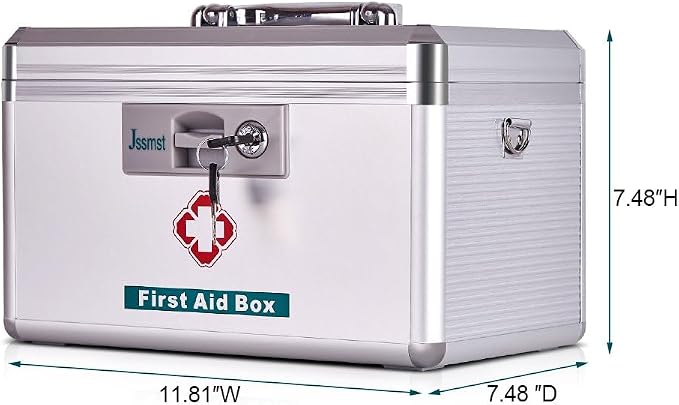Jssmst Medication Lock Box with Key, Medicine Lock Box for Medication Storage, First Aid Box Locked Medicine Case, Key Safe Locking Box for Drugs Use, 12 x 7.4 x 8.1 inches, Silver