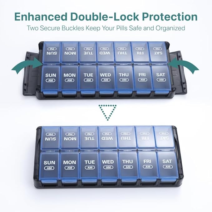 Sukuos Weekly Pill Organizer 7 Day 2 Times a Day, Quick Fill Daily Pill Box AM PM, Easy to Open Large Vitamin Cases (Blue)