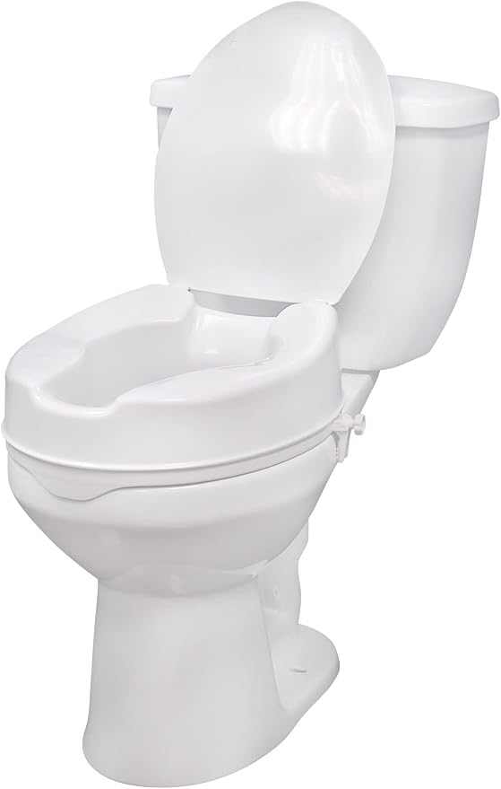 Drive Medical Raised Toilet Seat with Lock and Lid, 4 Inch | Raised Toilet Seat Includes Lock and Lid for Added Stability, Hygiene and Comfort on Standard Toilet Bowls