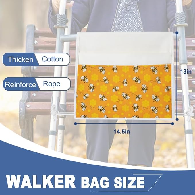 TOGETRUE Walker Bag, Easy Access Walker Storage Basket with 2 Large Pockets, Walker Accessories Bag for Folding Walker, Wheelchairs, Strollers, 13"x14.5" (Bees)