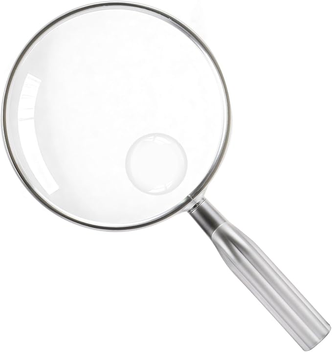 Lakei Magnifying Glass,10X Handheld Reading Magnifying Glass，110mm Shatter Resistant Lens, Non-Slip Handle, Suitable for Elderly Reading, Adults Close Work, Hobbies and Science (Silver)
