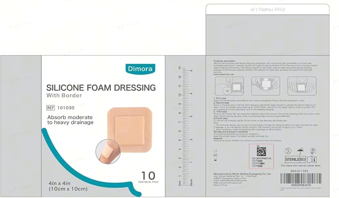 Dimora Silicone Foam Dressing with Border Adhesive 4"x4" Wound Dressing First Aid Bandage for Wound Care 10 Pack
