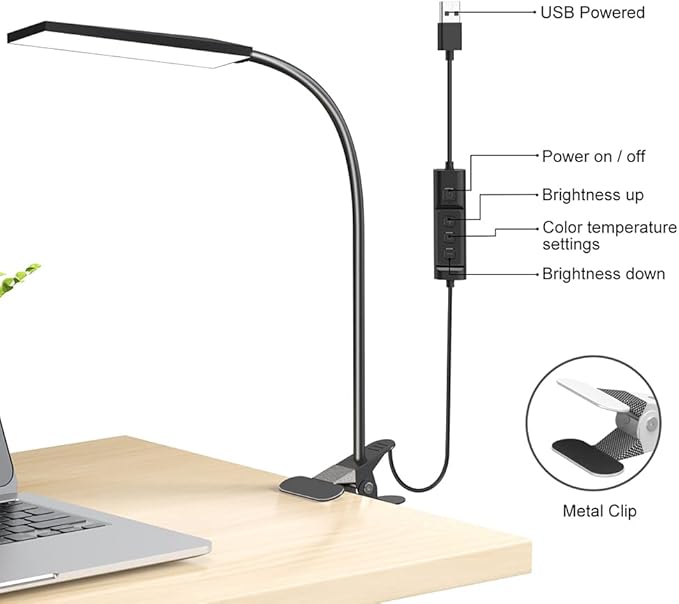 RAOYI LED Desk Lamp, 5W USB Clip on Light Eye-Caring Reading Clamp Table Lamp with 48 LEDs Flexible Neck, 3 Color Modes and 14 Brightness Levels for Office Bedroom Study (Black)