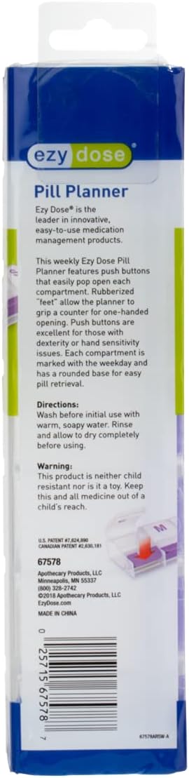 EZY DOSE Weekly (7-Day) Pill Organizer, Vitamin and Medicine Box, Large Push Button Compartments, Clear Lids (Pack of 2)