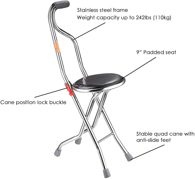 Folding Walking Stick with 9" Padded Seat Portable Stainless Steel Quadripod Support Cane Chair Stool with Anti-Slide Feet for Elderly Limited Mobility Physical Rehabilitation(Quadripod Cane Stool)
