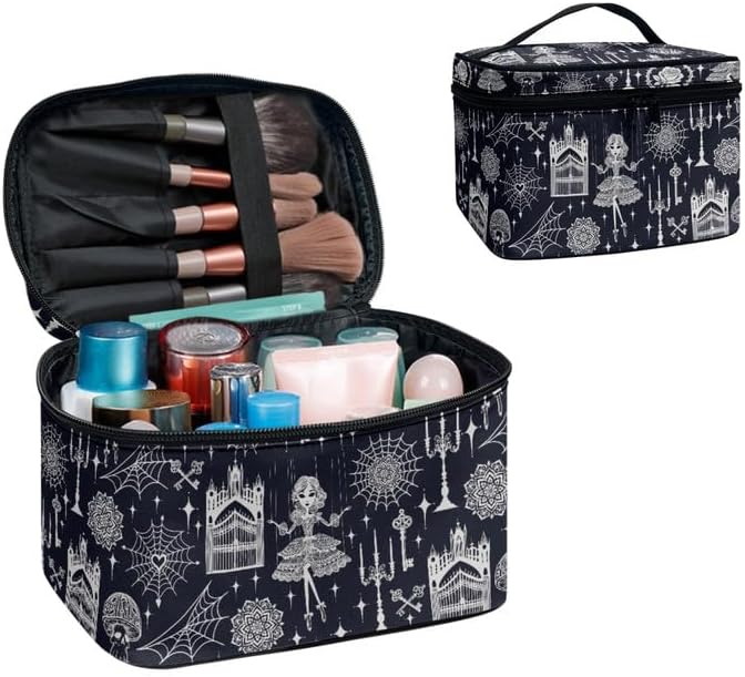 Witchy Girl Print Makeup Bag Cosmetic Organizer for Women, Gothic Night Castle Printed Make Up Bag Toiletry Accessories Case Travel-Size