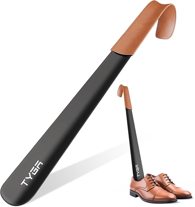 Metal Shoe Horn with Handle 42cm Long Shoe Horn with Leather Strap for Men Women Kids