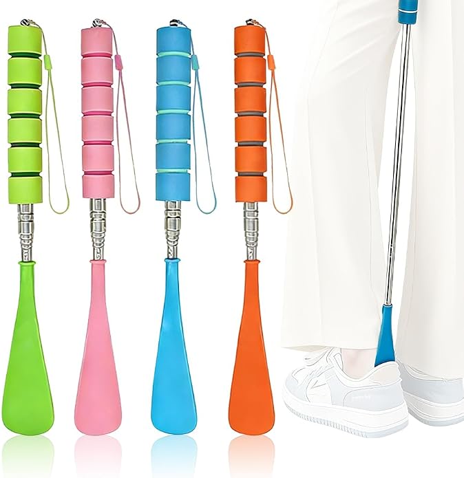 Shoe Horn Long Handle - 4 Pcs Telescopic Stainless Steel Shoe Horns 12-28 Inch,Adjustable Extra Long Shoe Horn for Seniors,Adults,Pregnant Women,Lightweight Ergonomic Boot Horn for Easy Shoe&Boot Wear