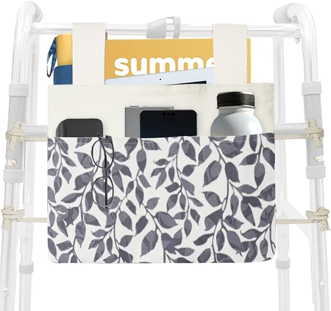 Walker Bag, Washable Walker Accessories Storage Bags with Cup Holder, Handy Walker Basket Pouch Tote Bag for Folding Walker, Wheelchairs, Strollers (Black Leaves)