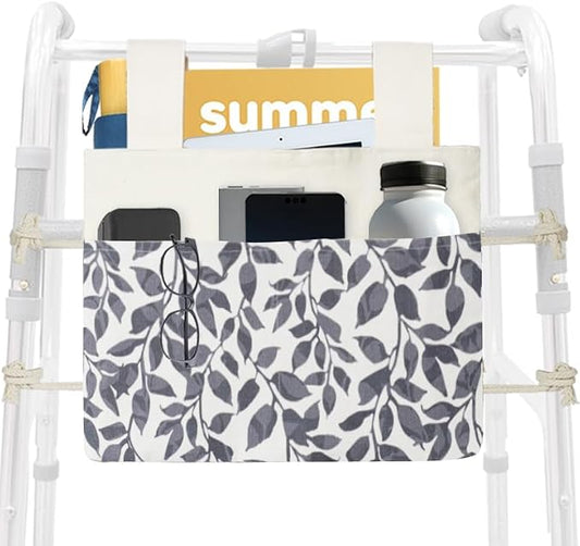 Walker Bag, Washable Walker Accessories Storage Bags with Cup Holder, Handy Walker Basket Pouch Tote Bag for Folding Walker, Wheelchairs, Strollers (Black Leaves)