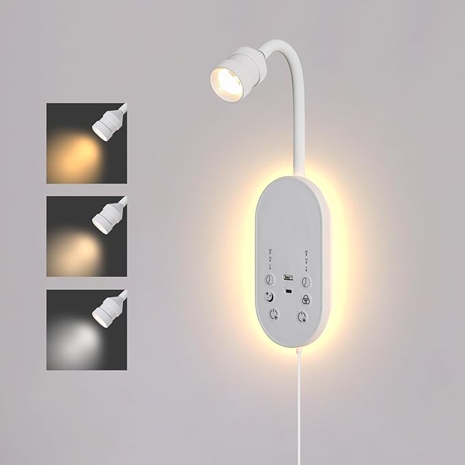 LED Wall Mounted Reading Light for Bed, Book Light for Reading with Touch Control, Stepless Dimmable, Flexible Gooseneck Bed Light with USB C+A, Night Light & Timers Function (White)