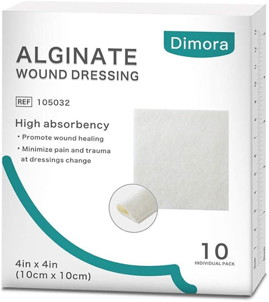 Dimora Calcium Alginate Wound Dressing, 4'' x 4'' Patches,10 Individual Sterile Pads, Soft and Highly Absorbent Dressing Gauze, Non-Stick Padding