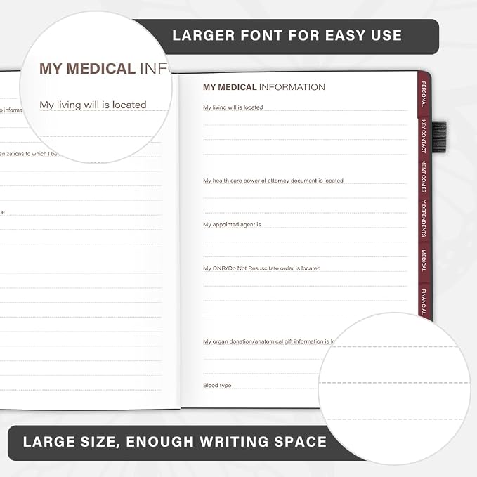 Molekaus End of Life Planner with Tabs, 7"x10" | Guided Estate Planning Organizer, Large Print, 120GSM Thick Paper, Inner Document Pockets for Final & Legal Affairs, Black