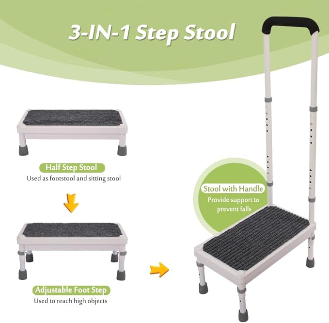 Medical Step Stool with Handle for Elderly Bed Steps for High Beds Adults Bedside Steps with Rail Safety Handicap Bed Stairs Seniors Adjustable Platform Heavy Duty Stepping Stool