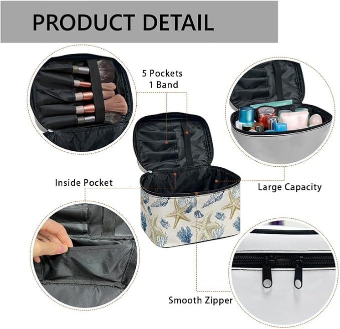 Seashells Starfish Travel Makeup Bag Toiletry Bags for Women, Hand Drawn Sea Life Portable Large Capacity Cosmetic Pouch Brush Storage Organizer