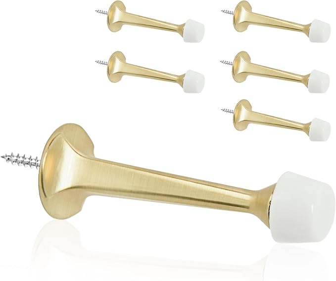 6 Pack Gold Solid Rigid Door Stops - Heavy Duty Door Stoppers Wall Protector with Soft Rubber Tips, Brushed Brass