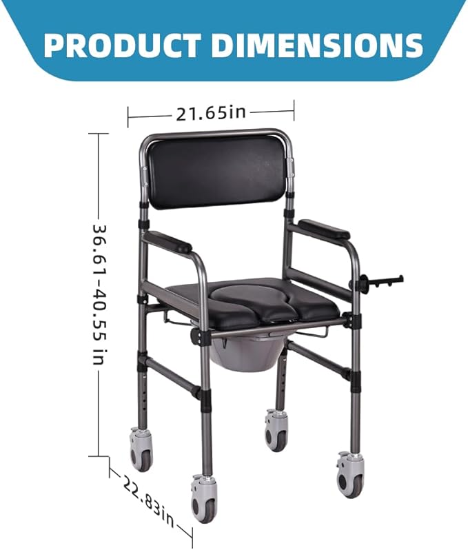 Bedside Commode Chair Foldable Height-Adjustable Toilet Chair with PU Seat 3" Locking Wheels, 400lbs Capacity, 22.8-40.6" Adjustablefoldable Shower Chair (Toilet- Open Type)