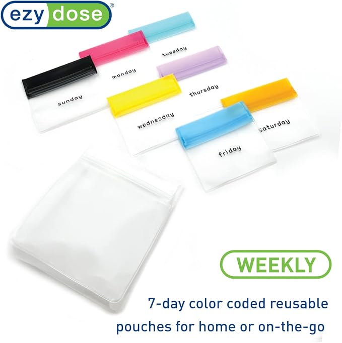 Ezy Dose Reusable 7-Day Travel Pill Pouch Set, Colored Days of the Week | Durable Travel-Sized Baggies, Includes Days of The Week Labels w/Color for Easy Identification, Silicone Storage