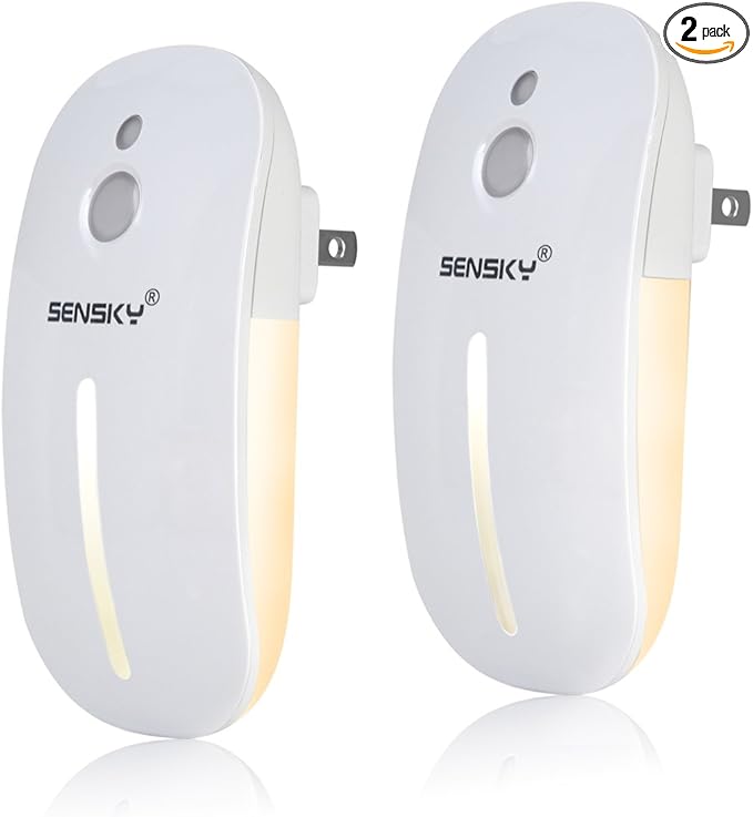 Sensky Plug in Night Light - 2 Pack Dimmable 3500K Warm White LED with Auto Dusk to Dawn Sensor and Dual Front Back Lighting - for Bedroom Bathroom Kitchen Hallway Stairs Home Decor Lamp