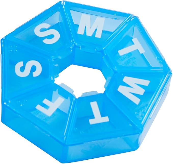 EZY DOSE 7-Day Weekly Pill Organizer, Daily Medicine Container and Vitamin Planner, Round Supplement Case, Compact Travel Friendly, Portable Storage Sorter, 7-Sided Circle, Blue, BPA Free