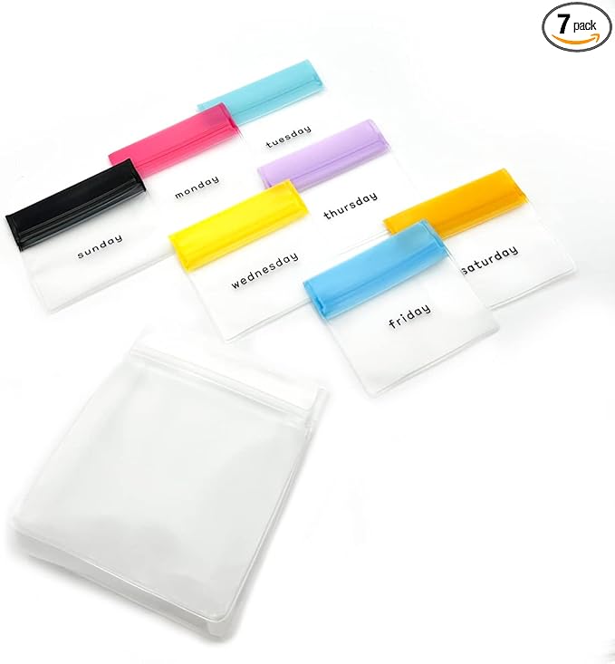 Ezy Dose Reusable 7-Day Travel Pill Pouch Set, Colored Days of the Week | Durable Travel-Sized Baggies, Includes Days of The Week Labels w/Color for Easy Identification, Silicone Storage