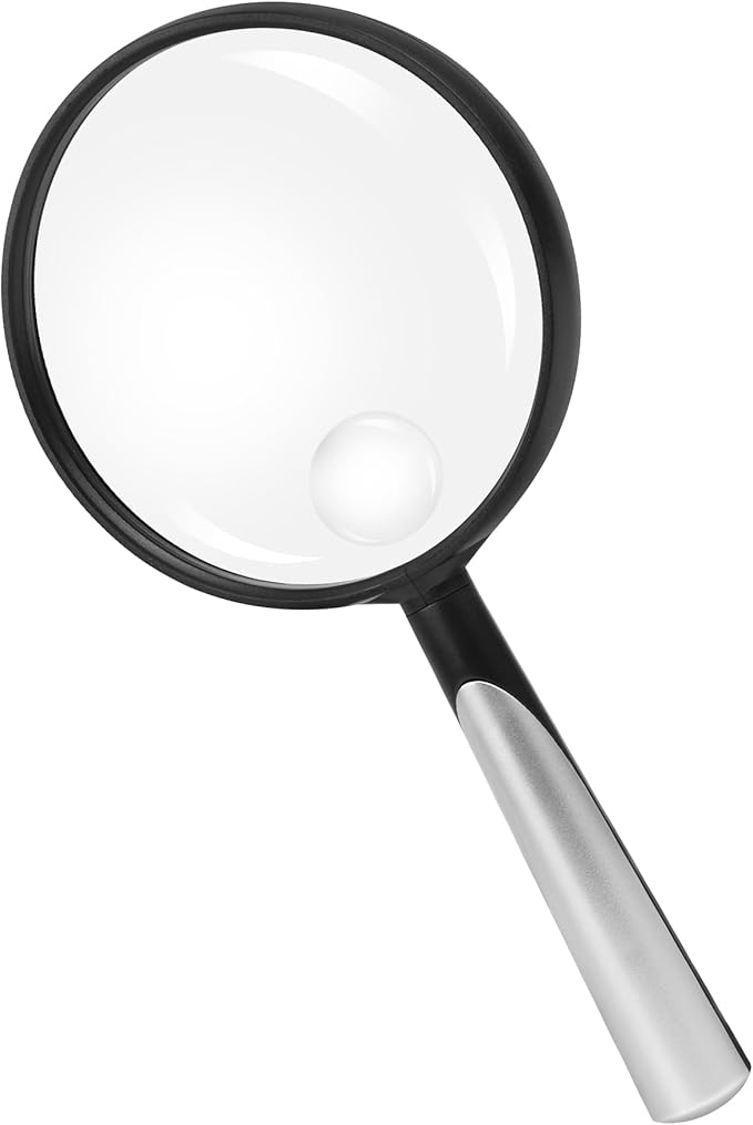 Feosky Handheld Reading Magnifier, 10X Magnifier, 75mm Shatterproof Lens, Non-Slip Handle for Adults Close Work, Seniors Reading and Halloween & Cosplay(Silver)