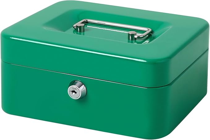 Jssmst Medium Cash Box with Key Lock - Durable Metal Cash Box with Money Tray, Green, Medium